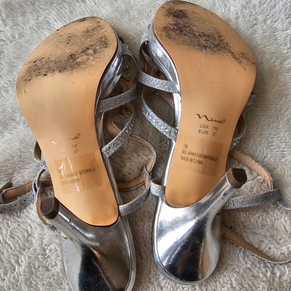 Nina Women's Veralee Strappy Evening Slingback‎ Heels Size 7M Silver Embellished - Picture 6 of 6